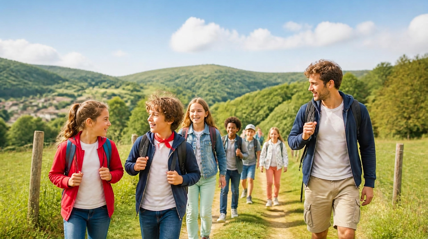 Gruppo di bambini e adolescenti in escursione in campagna