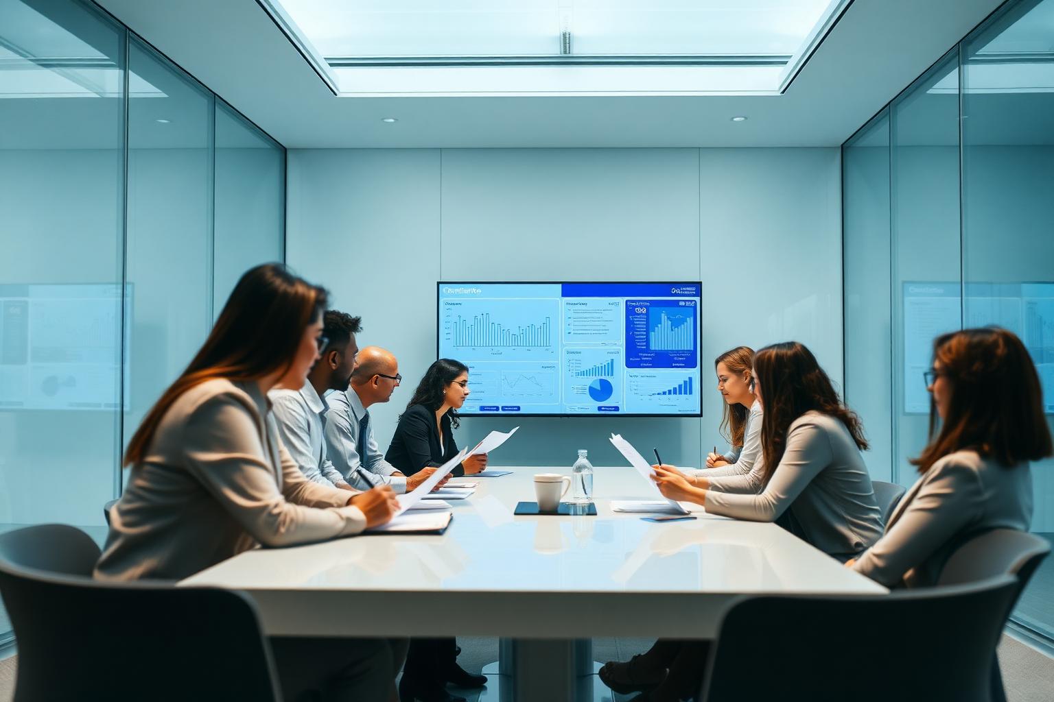 Riunione di direzione moderna attorno a una dashboard di compliance