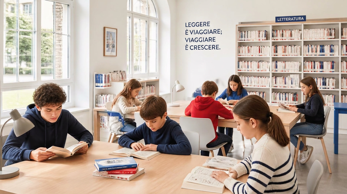 Bambini e adolescenti che leggono insieme in una biblioteca