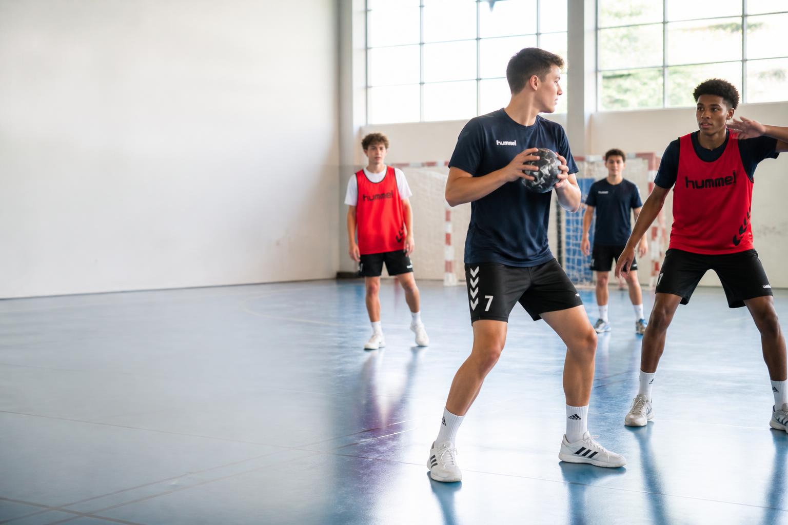 Giovani durante un allenamento di pallamano in palestra